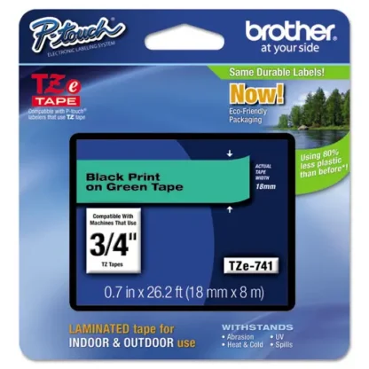 Brother P-Touch® TZe Standard Adhesive Laminated Labeling Tape, Black on Green, 0.7" x 26.2 ft