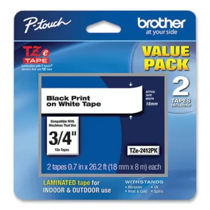 Brother P-Touch® TZe Standard Adhesive Laminated Labeling Tape, 0.7" x 26.2 ft, Black on White, 2/Pack
