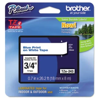 Brother P-Touch® TZe Standard Adhesive Laminated Labeling Tape, 0.7" x 26.2 ft, Blue on White