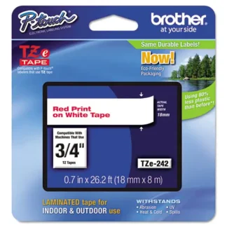 Brother P-Touch® TZe Standard Adhesive Laminated Labeling Tape, 0.7" x 26.2 ft, Red on White