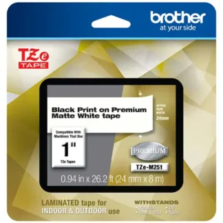 Brother TZe Premium Laminated Tape, 0.94" x 26.2 ft, Black on White