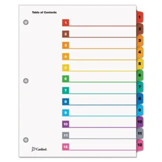 Cardinal® OneStep Printable Table of Contents and Dividers, 12-Tab, 1 to 12, White, Assorted Tabs