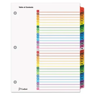 Cardinal® OneStep Printable Table of Contents and Dividers, 31-Tab, 1 to 31, White, Assorted Tabs