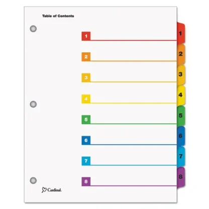 Cardinal® OneStep Printable Table of Contents and Dividers, 8-Tab, 1 to 8, White, Assorted Tabs