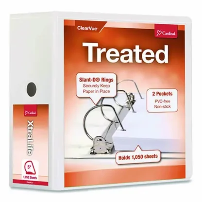 Cardinal® Treated ClearVue Locking Slant-D Ring Binder, 3 Rings, 5" Capacity, 11 x 8.5, White