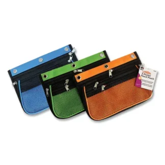 Charles Leonard® Three-Pocket Binder-Insertable Expandable Pencil Pouch, 3 Compartments, 3-Hole Punched, Assorted, 3/Pack