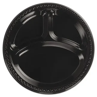 Chinet® Heavyweight Plastic 3-Compartment Plates, Black, 10.25" Diameter, 125/Pack, 4 Packs/Carton