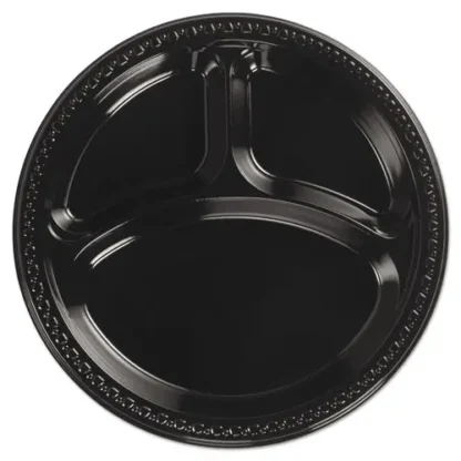 Chinet® Heavyweight Plastic 3-Compartment Plates, Black, 10.25" Diameter, 125/Pack, 4 Packs/Carton