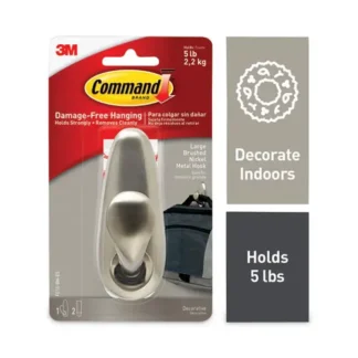 Command™ Adhesive Mount Metal Hook, Large, Brushed Nickel Finish