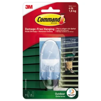 Command™ All Weather Hooks and Strips, Large, Plastic, Clear, 4 lb Capacity, 1 Hook and 2 Strips/Pack
