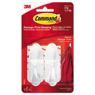 Command™ General Purpose Designer Hooks, Medium, Plastic, White, 3 lb Capacity, 2 Hooks and 4 Strips/Pack
