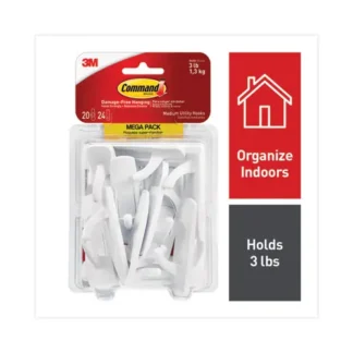 Command™ General Purpose Hooks, Medium, Plastic, White, 3 lb Capacity, 20 Hooks and 24 Strips/Pack