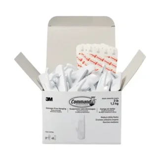 Command™ General Purpose Hooks, Medium, Plastic, White, 3 lb Capacity, 37 Hooks and 48 Strips/Pack