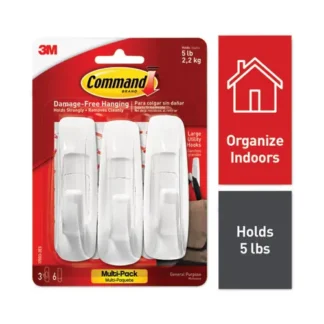 Command™ General Purpose Hooks Multi-Pack, Large, Plastic, White, 5 lb Capacity, 3 Hooks and 6 Strips/Pack