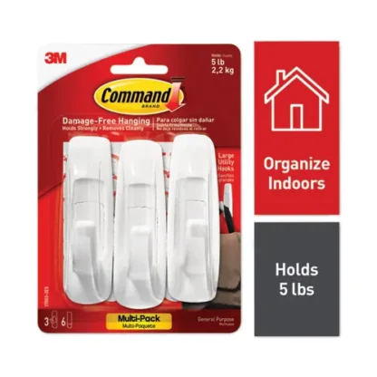 Command™ General Purpose Hooks Multi-Pack, Large, Plastic, White, 5 lb Capacity, 3 Hooks and 6 Strips/Pack