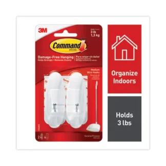 Command™ General Purpose Wire Hooks, Medium, Metal, White, 3 lb Capacity, 2 Hooks and 4 Strips/Pack