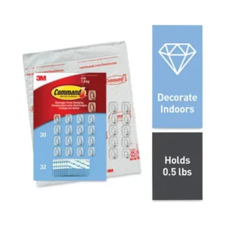 Command™ Mini Hooks, Small, Plastic, Clear, 0.5 lb Capacity, 30 Hooks and 32 Strips/Pack