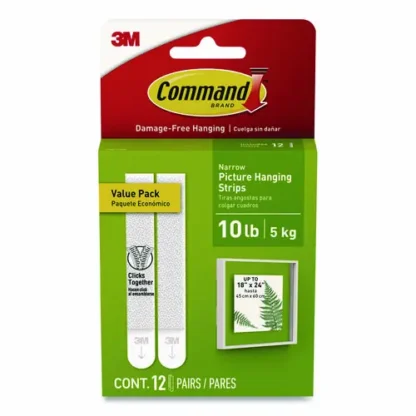 Command™ Picture Hanging Strips, Narrow, Removable, White, 12 Pairs/Pack