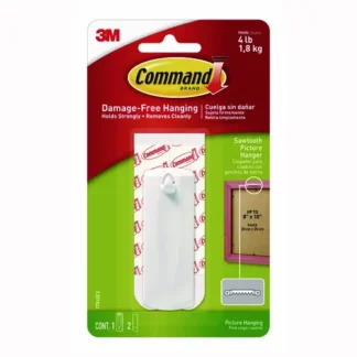 Command™ Sawtooth Picture Hanger, One Hanger, Two Strips, White, Supports 4 lbs