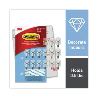 Command™ Small Wire Hooks, Small, Plastic/Metal, Clear, 0.5 lb Capacity, 15 Hooks and 20 Strips/Pack