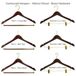 Contoured Hangers – Multiple Styles – Walnut/Brass – Case of 100