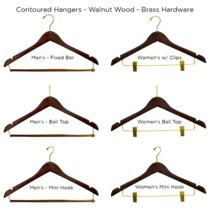 Contoured Hangers – Multiple Styles – Walnut/Brass – Case of 100