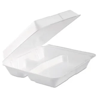 Dart® Foam Hinged Lid Container, 3 Compartments, 9.3 x 9.5 x 3, White