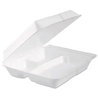Dart® Foam Hinged Lid Container, 3 Compartments, 9.3 x 9.5 x 3, White