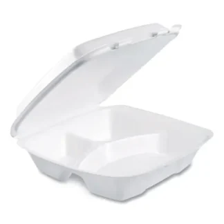 Dart® Foam Hinged Lid Container, Performer Perforated Lid, 3 Compartments, White, 100/Bag, 2 Bags/Carton