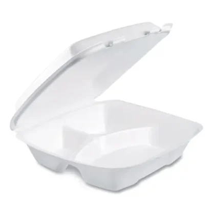 Dart® Foam Hinged Lid Container, Performer Perforated Lid, 3 Compartments, White, 100/Bag, 2 Bags/Carton