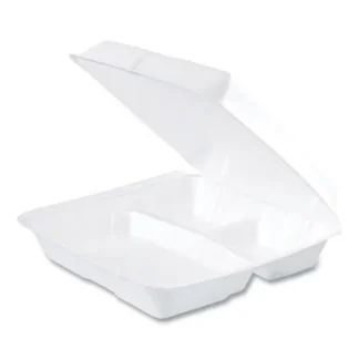 Dart® Foam Hinged Lid Containers, 3 Compartments, 9.25 x 9.5 x 3, White, 100/Sleeve, 2 Sleeves/Carton