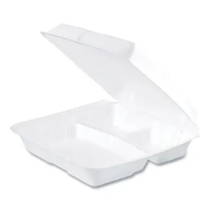 Dart® Foam Hinged Lid Containers, 3 Compartments, 9.25 x 9.5 x 3, White, 100/Sleeve, 2 Sleeves/Carton