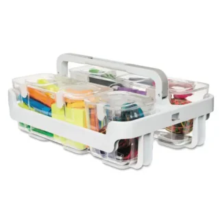 deflecto® Stackable Caddy Organizer with S, M and L Containers, Plastic, White Caddy with Clear Containers, 10.5" x 14" x 6.5"