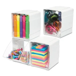 deflecto® Tilt Bin Interlocking 4-Bin Organizer, White/Clear, Plastic