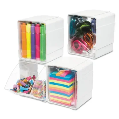 deflecto® Tilt Bin Interlocking 4-Bin Organizer, White/Clear, Plastic