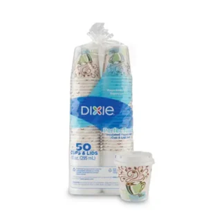 Dixie® PerfecTouch Paper Hot Cups and Lids Combo, 10 oz, Multicolor, 50 Cups/Lids/Pack