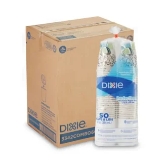 Dixie® PerfecTouch Paper Hot Cups and Lids Combo, 12 oz, Coffee Haze Design, 50/Pack, 6 Packs/Carton