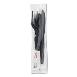 Dixie® Wrapped Tableware/Napkin Packets, Mediumweight, Fork/Knife/Napkin/Spoon, Plastic, Black, 250/Carton