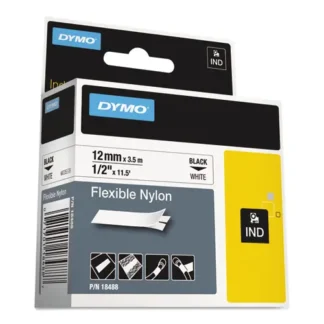DYMO® Rhino Flexible Nylon Industrial Label Tape, 0.5" x 11.5 ft, White/Black Print