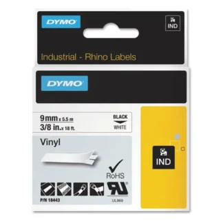DYMO® Rhino Permanent Vinyl Industrial Label Tape, 0.37" x 18 ft, White/Black Print
