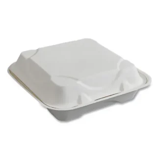 Eco-Products® Vanguard Renewable and Compostable Sugarcane Clamshells, 9 x 9 x 3, White, 200/Carton