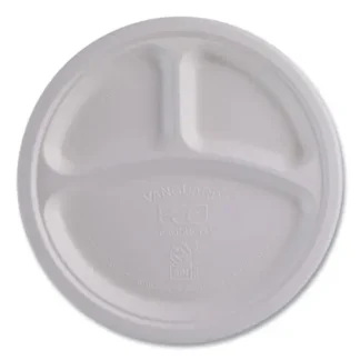 Eco-Products® Vanguard Renewable and Compostable Sugarcane Plates, 3-Compartment, White, 10", 500/Carton
