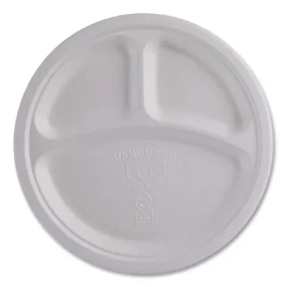 Eco-Products® Vanguard Renewable and Compostable Sugarcane Plates, 3-Compartment, White, 10", 500/Carton