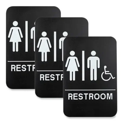 Excello Global Products® Indoor/Outdoor Restroom Sign with Braille, Wheelchair Symbol, 6" x 9", Black with White Graphics, 3/Pack