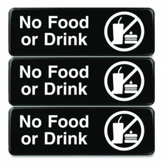 Excello Global Products® No Food or Drink Wall Sign, Black with White Graphics, 3/Pack
