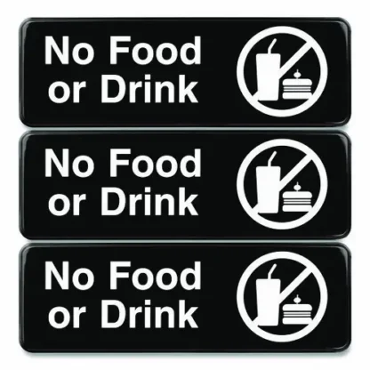 Excello Global Products® No Food or Drink Wall Sign, Black with White Graphics, 3/Pack
