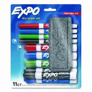 EXPO® Low-Odor Dry Erase 10-Color Marker and Eraser Set, Broad Chisel & Fine Bullet Tips, Assorted Colors, 11 Pieces