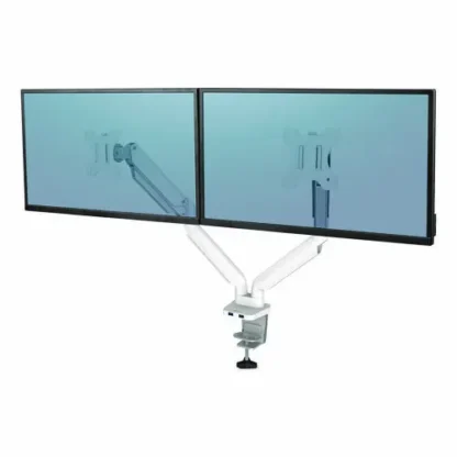 Fellowes® Platinum Series Dual Monitor Arm, White, Supports Monitors up to 27" and 20 lb, 360° Rotation, 45° Tilt, 180° Pan