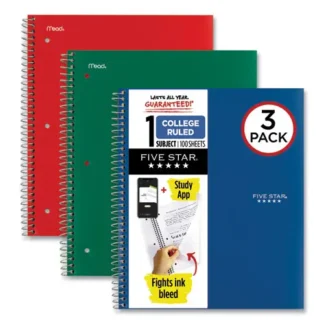Five Star® Wirebound Notebook, 1-Subject, Medium/College Rule, Assorted Cover Colors, 100 Sheets, 11 x 8.5, 3/Pack