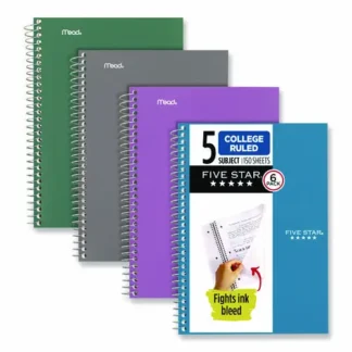 Five Star® Wirebound Notebook, 5-Subject, Medium/College Rule, Assorted Cover Colors, 150 Sheets per Notebook, 6 Pack
